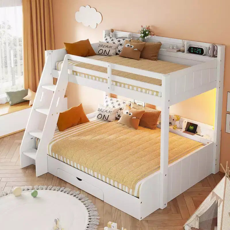 Twin over Full Bunk Bed with Storage, LED Lights & Charging Station, Wood Bunked Bed Beside Shelves for Kids & Teens