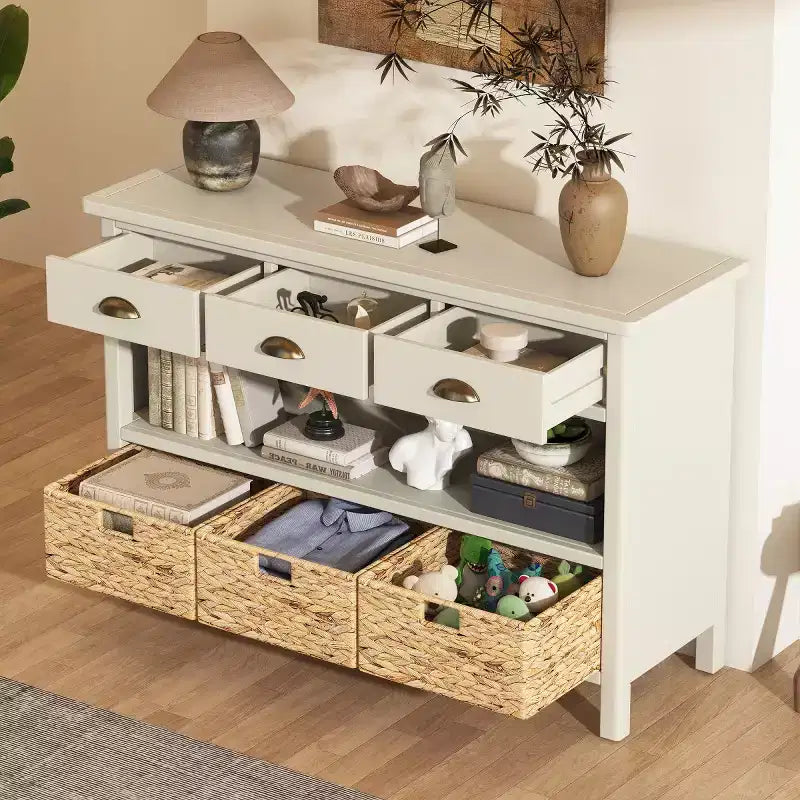 Entryway Console Table with Storage, Farmhouse Hallway Table with 3 Drawers and 3 Water Hyacinth Baskets for Living Room or Foyer - Panipeachy
