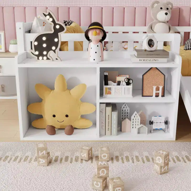 Whisen Twin Size Low Loft Bed Frame for Kids with Slide, Movable Bookshelf Storage, Guardrails, Low Loft Bed Frame
