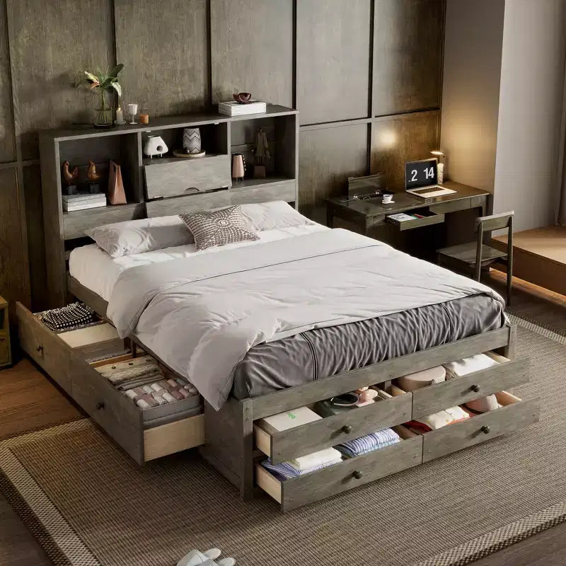 Queen Size Platform Bed with Storage Shelf and 8 Drawers, Easy Assembly