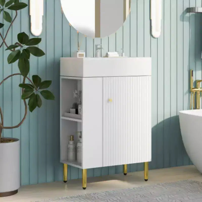 Meuble-lavabo de salle de bain blanc de 21,6 po, ensemble avec meuble de rangement, vasque en céramique simple, rangement à gauche