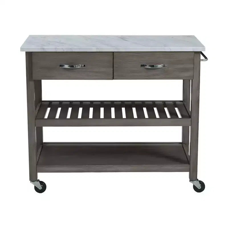 Rolling Kitchen Cart with Marble Top Solid Wood Kitchen Island Cart with 2 Drawers 3-Tier Kitchen Trolley with Lockable Detachable Wheels & Towel Rack