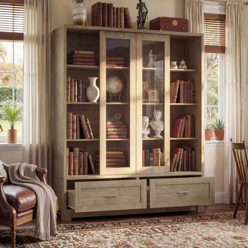 Famapy Light Oak-Grain Display Bookcase: 63W,Sliding Glass Doors + Drawer Storage  Spacious Organizer for Home Libraries & Living Rooms