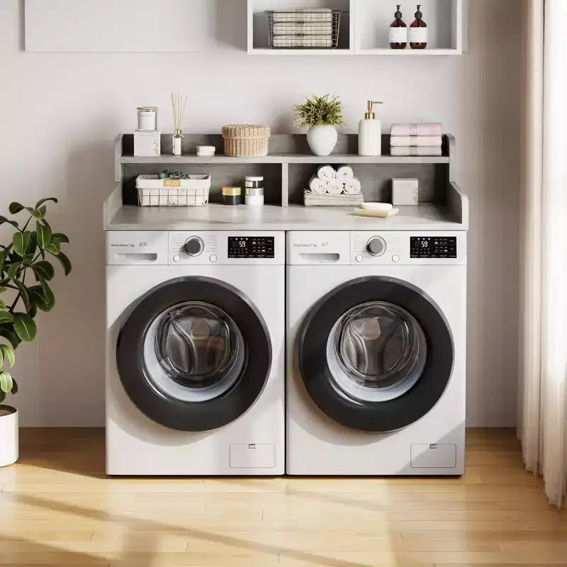 Wood Washer and Dryer Topper, 54 Laundry Countertop with 2-Tier Storage Shelf, Anti-Slip Work Surface with Guardrails for Laundry Organization