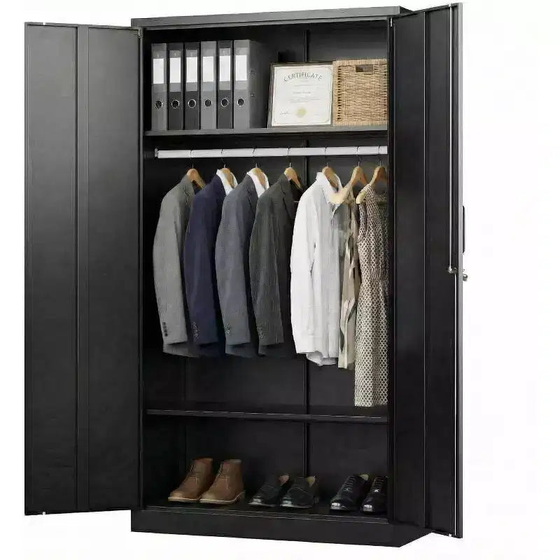 72in Wardrobe Cabinet with Lock, Black Metal Garage Storage Cabinets with Adjustable Shelves & Hanging Rod, Metal Cabinet Storage for Home, Bedroom
