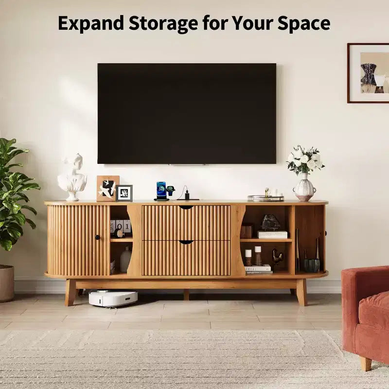Black/Brown Mid Century TV Stand with 2 Drawers, for 1 Room