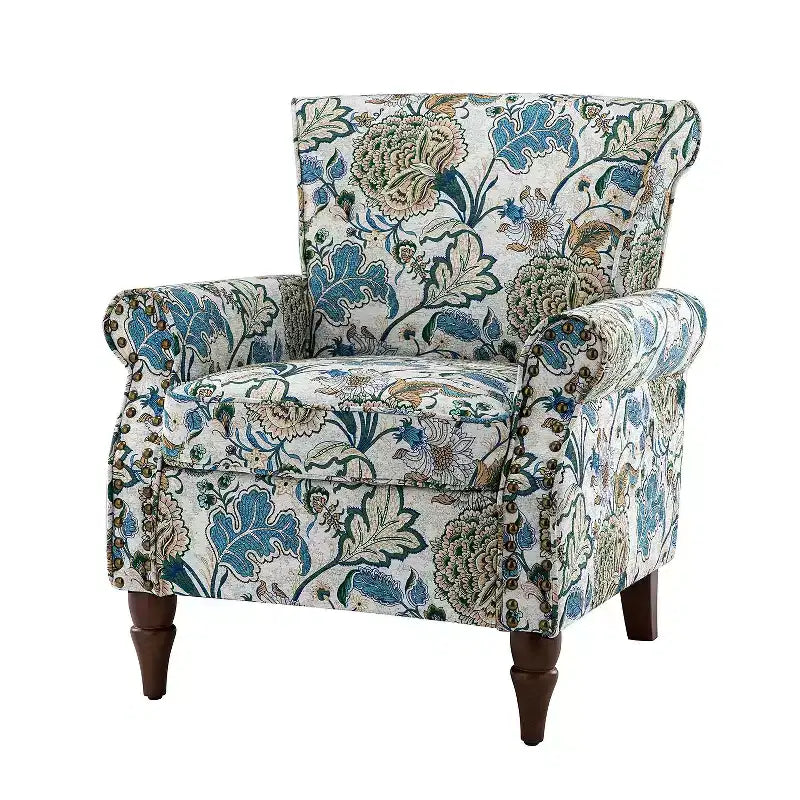 Fauteuil en bois traditionnel Araceli, rembourré à motifs floraux, avec dossier à oreilles et garniture cloutée | ART OF LIVING DESIGNS