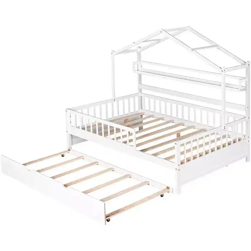 Acekool Full Size House Bed Frame with Twin Trundle, Storage Drawers & Shelves, Roof & Fence, Kids Platform Bed, White