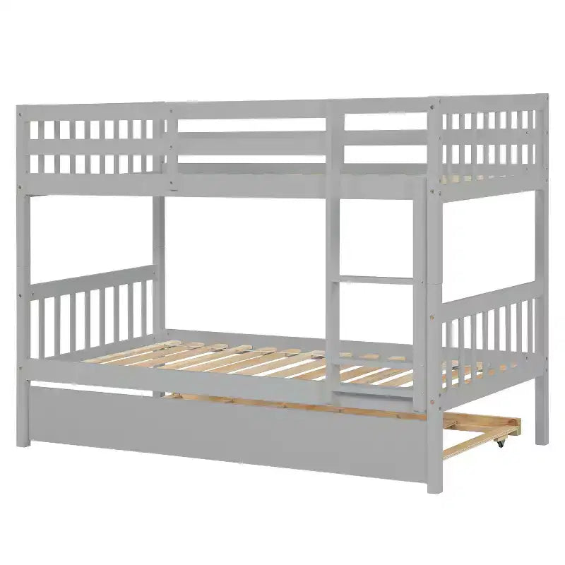 Twin Over Twin Modern Wood Bunk Bed with Trundle, Convertible into 2 Beds