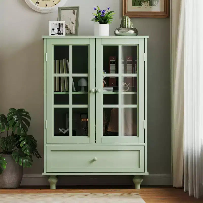 Meuble de rangement, Meuble bas en bois avec 1 tiroir et 2 portes vitrées, Buffet de style rustique avec rangement pour salon