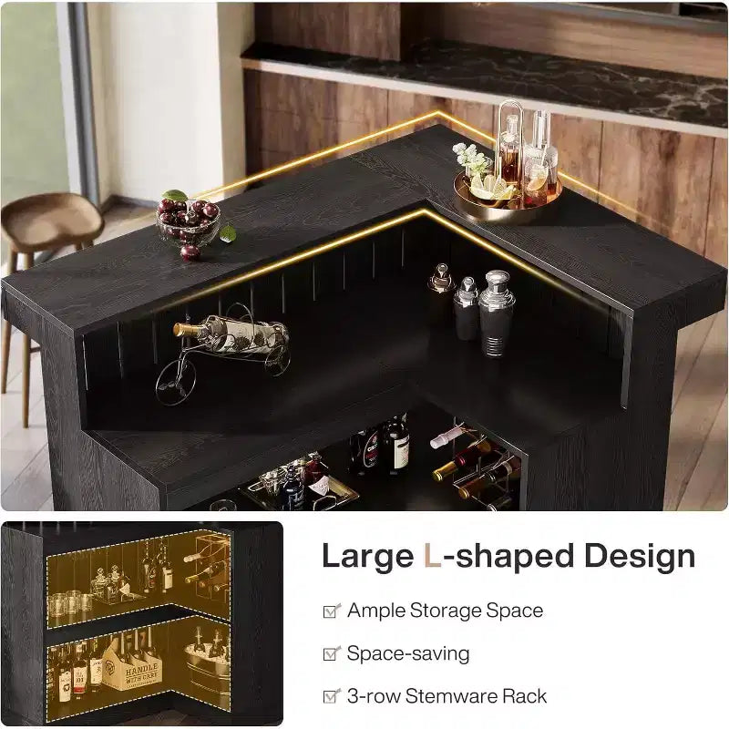 Lantine L-Shaped Home Bar Unit, 4-Tier Corner Liquor Bar Table with Storage Shelves and Wine Glasses Holder for Home Pub