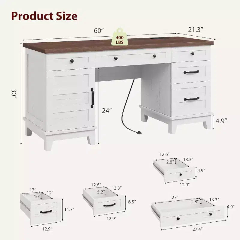 60 Executive Desk with Drawers, Home Office Desk with Charging Station, Wooden Computer Writing Desk for Study, Conference Table for Living Room