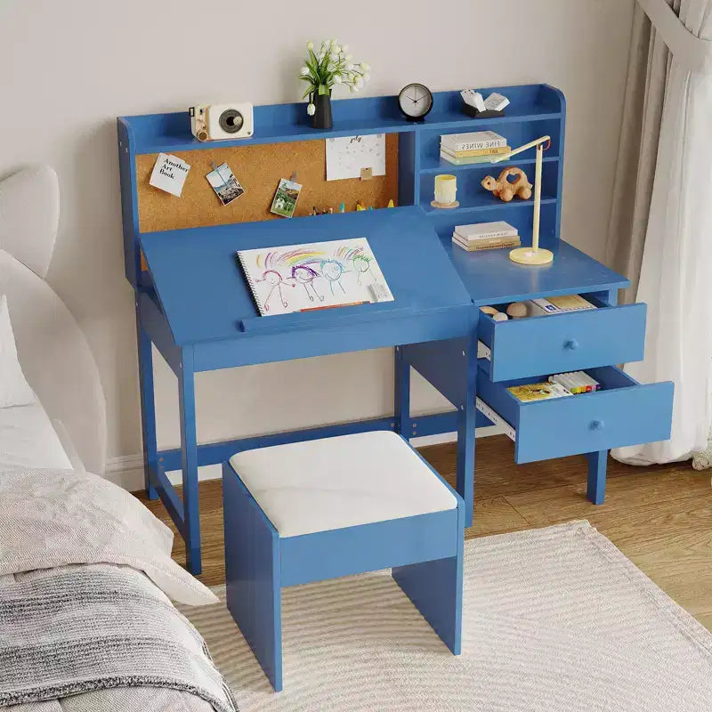 Kids Desk and Chair Set, Wooden Study Table with Adjustable Tilt Desktop, Drawers & Cork Board - Children School Learning Desk Set