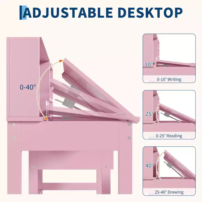 Kids Desk and Chair Set, Wooden Study Table with Adjustable Tilt Desktop, Drawers & Cork Board - Children School Learning Desk Set