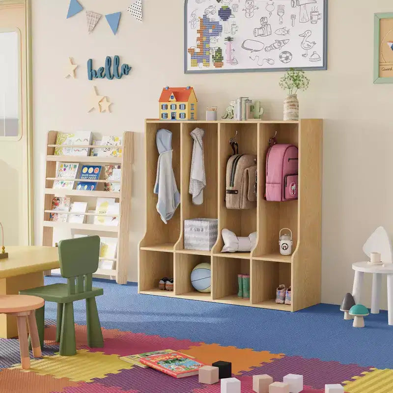 Brown/White 4-Section Cubby Locker with 8 Hooks, for Kids