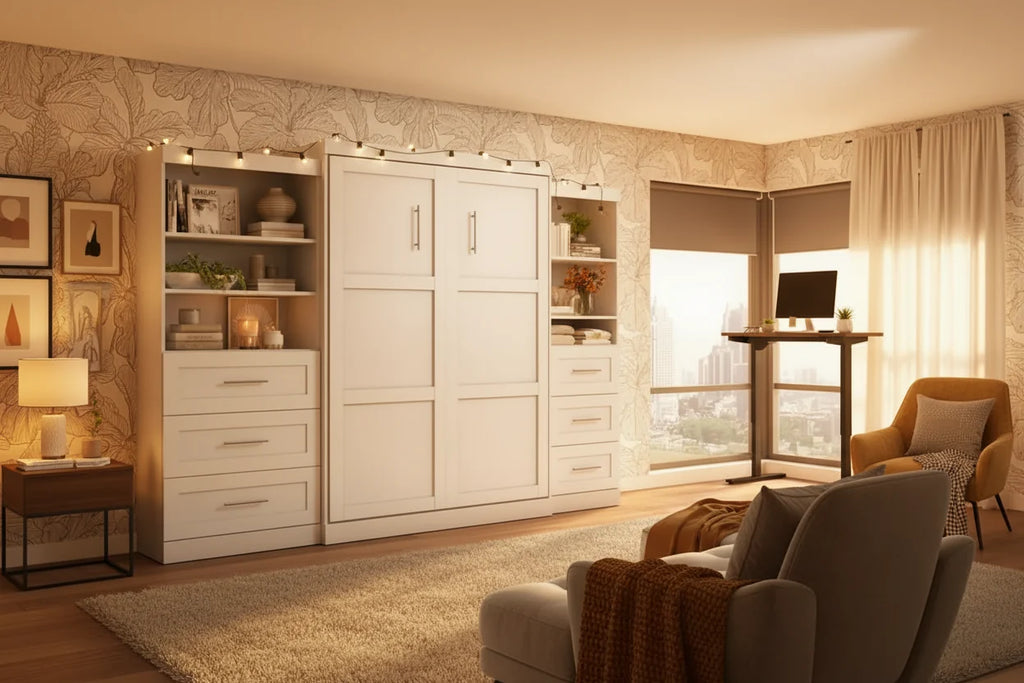 Murphy Bed and Two Shelving Units with Drawers 126-Inch Wall Bed