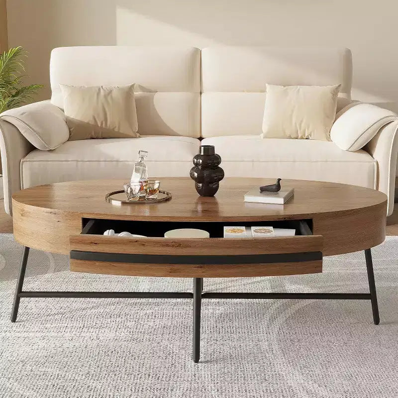 Table basse ovale Acekool avec tiroir, table de rangement en bois 120 cm avec pieds en métal croisés, table basse de style moderne du milieu du siècle en saule naturel et doré
