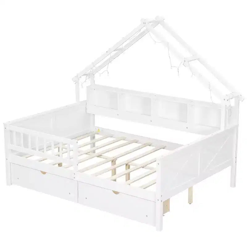 Full Size House Bed Frame with Drawers, House Platform Bed with LED Lights, Storage Shelves & Drawers, Wood Daybed with Roof and Guardrail