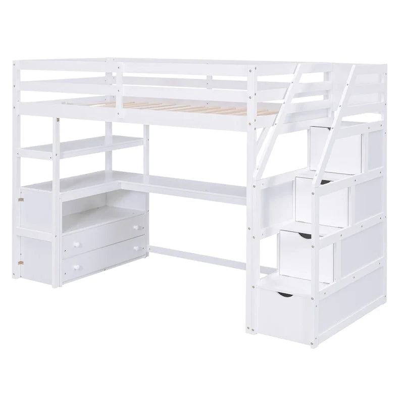 Twin Size Loft Bed with Desk and Shelves, Two Built-in Drawers, Storage Staircase