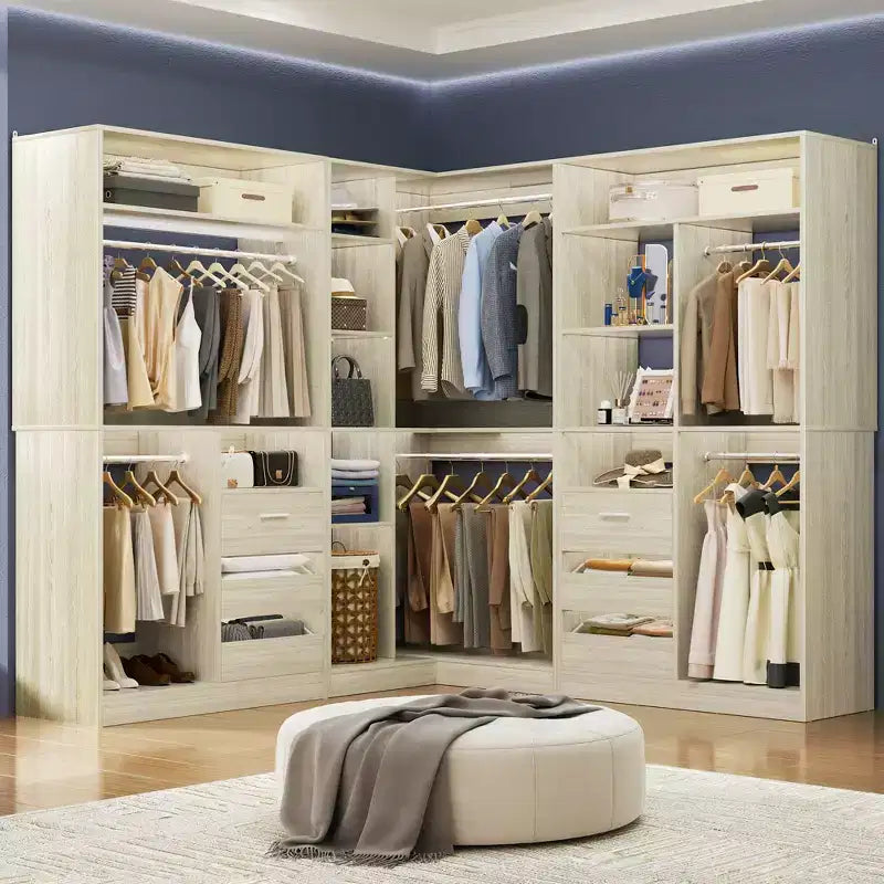 Besiost Set of 3 Corner Closet System with Tower Shelves and Drawers, Freestanding Closet Organizer with Hanging Rods