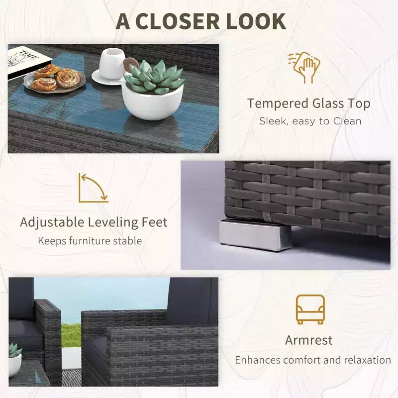 4 Pieces Rattan Sofa Set Wicker Patio Sofa Set with Loveseat Chairs Glass Top Coffee Table for Garden Outdoor
