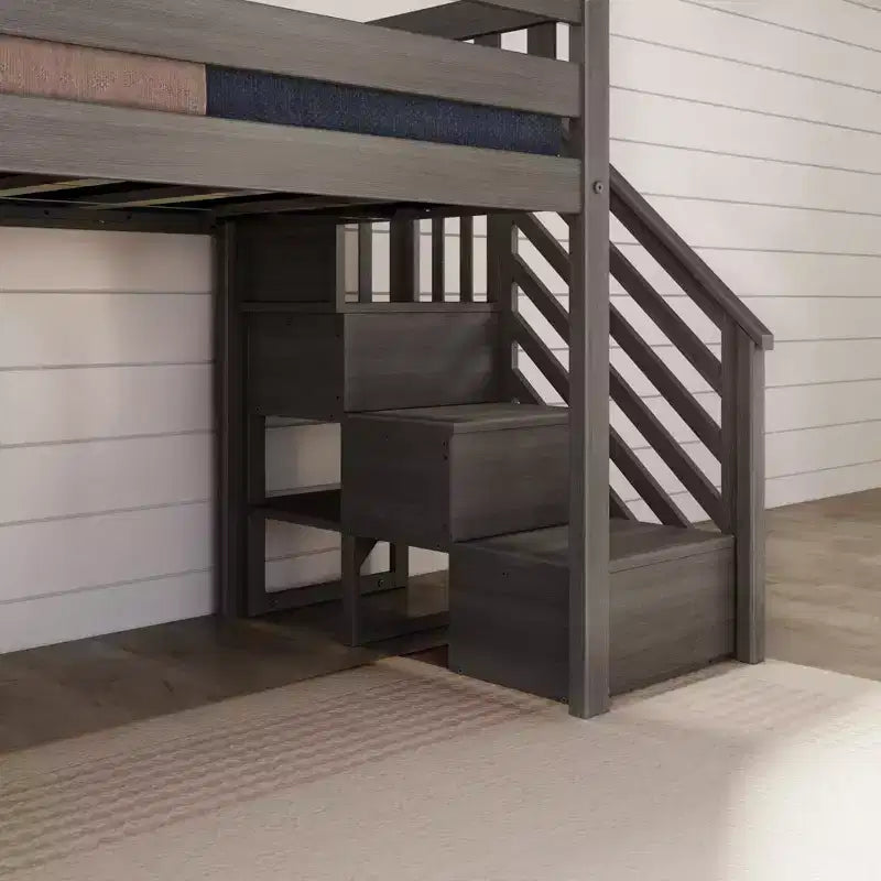 Kids Twin Low Loft Bed with Slide & Stairs, Solid Wood, 14 Guardrails, 400 lb Capacity