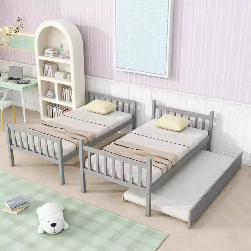 Twin Over Twin Modern Wood Bunk Bed with Trundle, Convertible into 2 Beds