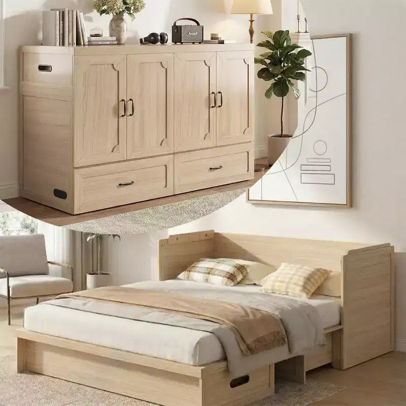Mjkone Queen Size Convertible Murphy Cabinet Bed with USB Charging, Storage Drawers,No Mattress Included