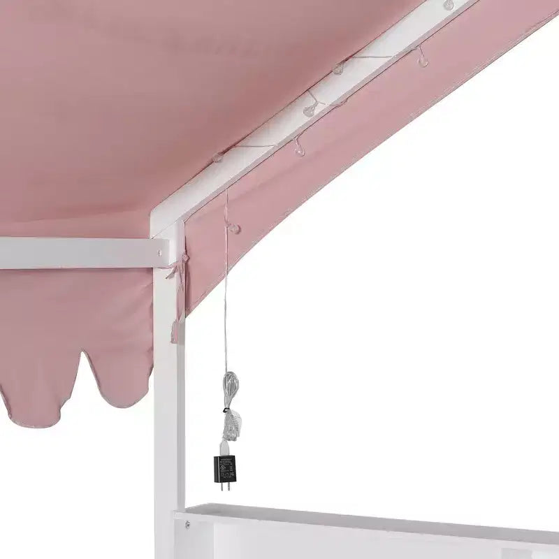 Whisen Full Size Wooden Floor Bed Frame, House-Shaped Daybed with Fense, 3 Storage Bookshelves, Curtain