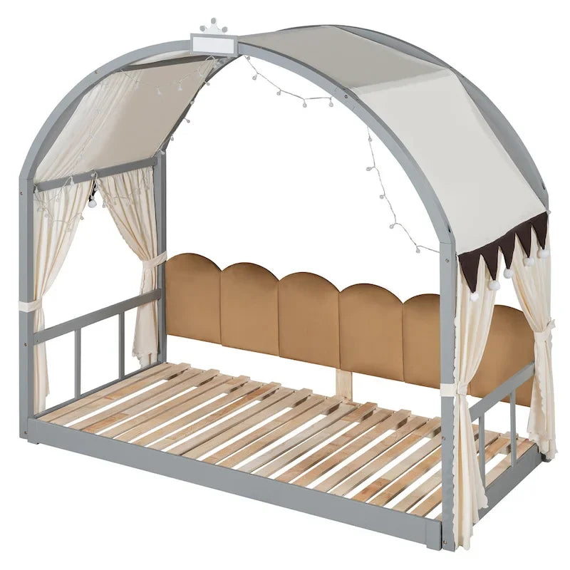 Solid Wood Playhouse Platform Bed Floor Montessori Bed Frame with Arched Roof and Trundle for Girls and Boys