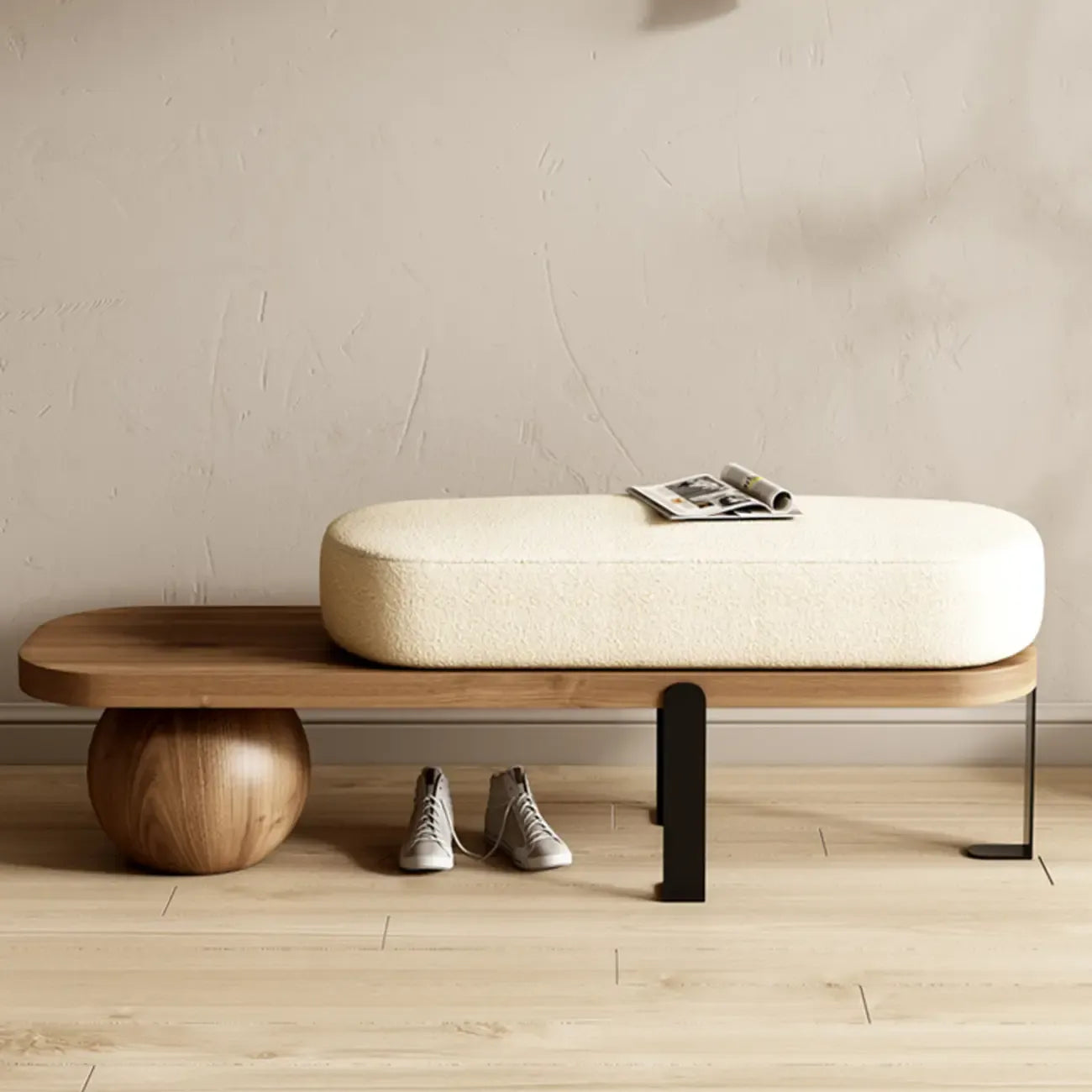 Modern Wooden Beige Upholstered Short Bench