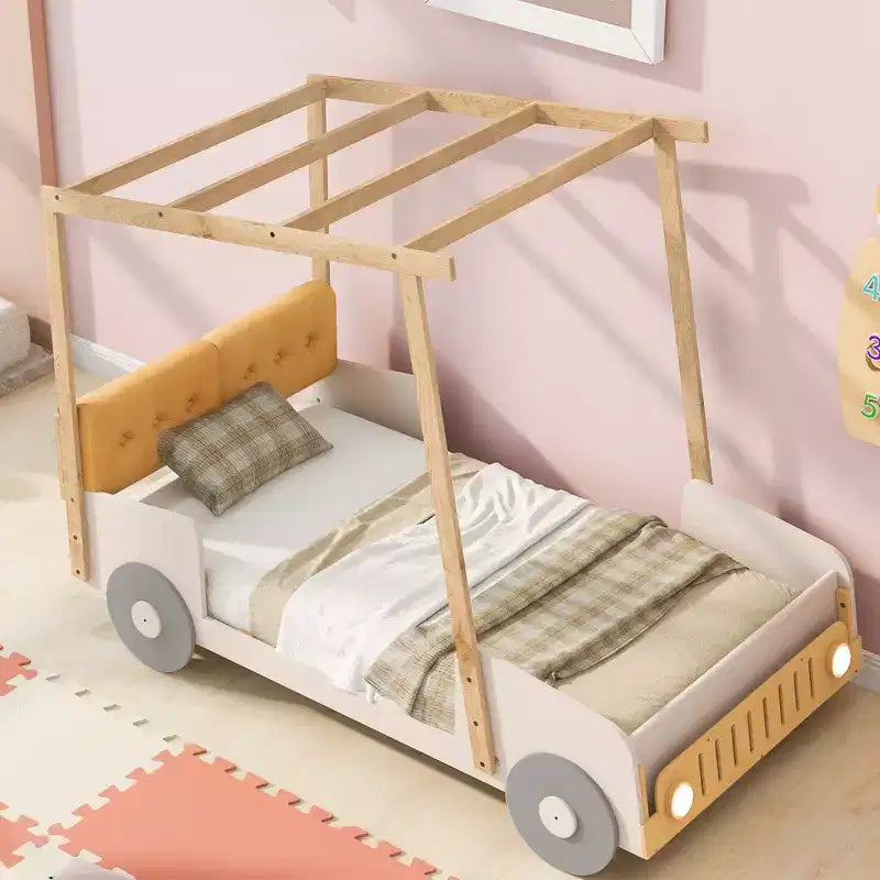 Whisen Wood Car Bed with Pillow, Ceiling Cloth and LED - Natural
