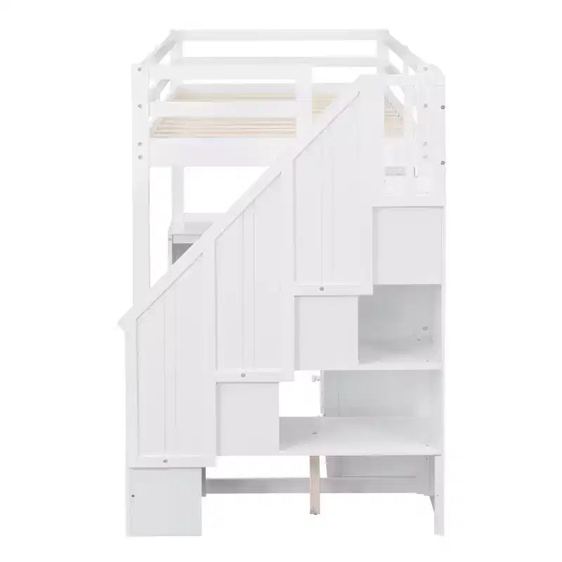Twin Size Loft Bed with L-Shaped Desk, 3 Drawers, Cabinet, Staircase Storage, Solid Pine/MDF Build