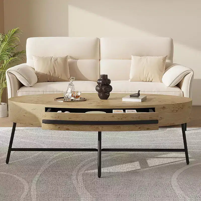 Table basse ovale Acekool avec tiroir, table de rangement en bois 120 cm avec pieds en métal croisés, table basse de style moderne du milieu du siècle en saule naturel et doré
