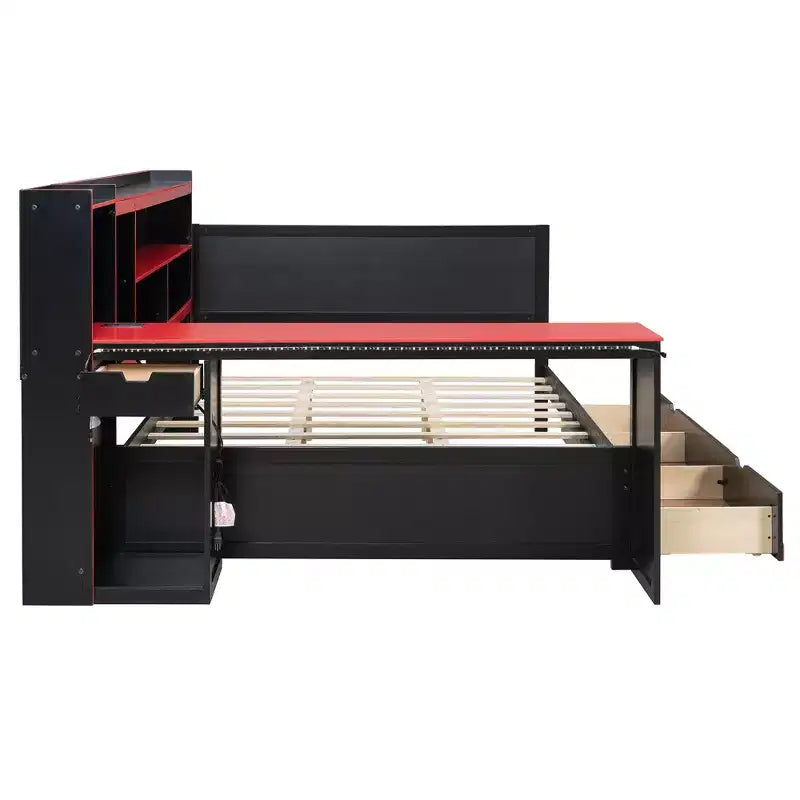 Full/Queen Gaming Daybed with Bookcase Headboard, LED Lights, Integrated Desk, Drawers and Charging Station
