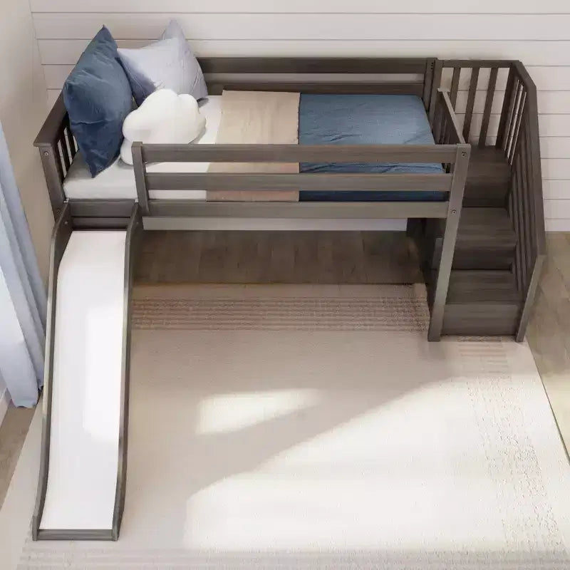 Kids Twin Low Loft Bed with Slide & Stairs, Solid Wood, 14 Guardrails, 400 lb Capacity
