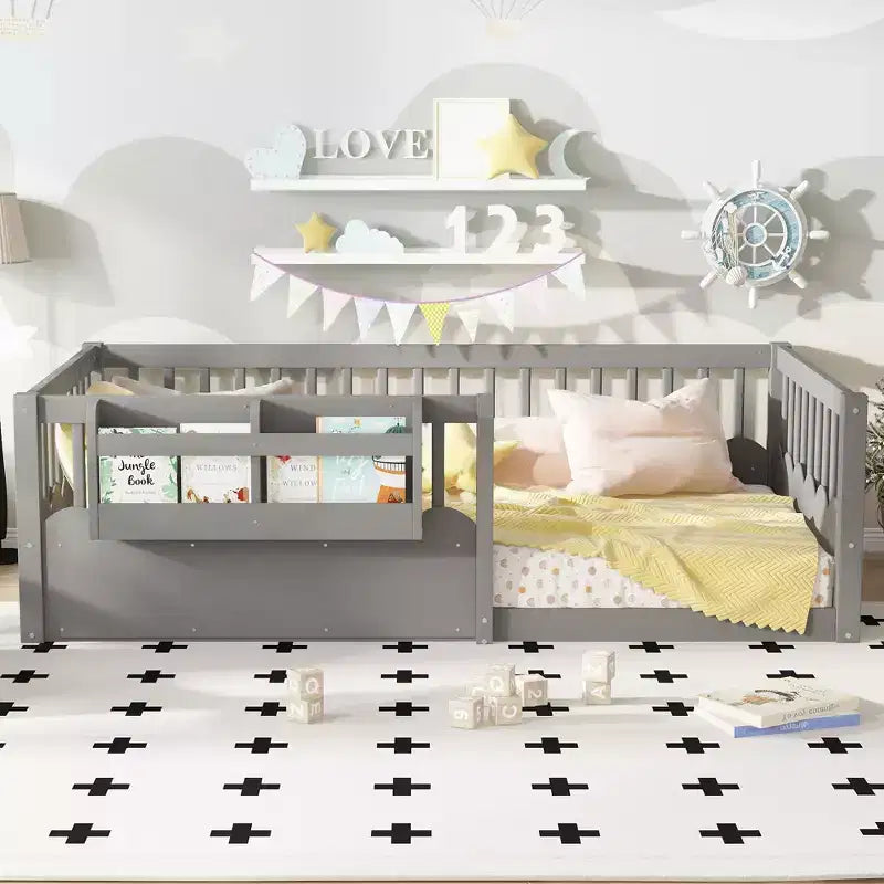 Bellemave Kids Floor Bed with Heightened Fence and Bookshelf, Wooden Twin Montessori Bed Frame for Girls Boys