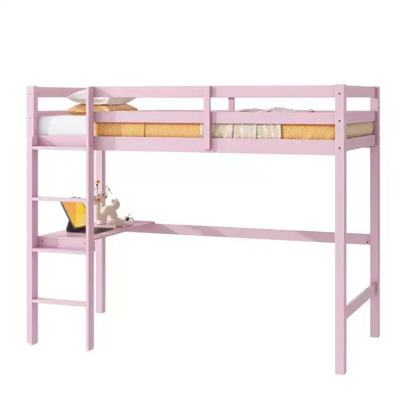 Lit mezzanine Okak Minimalism avec échelle, lit mezzanine simple en bois d'hévéa avec garde-corps de sécurité et bureau intégré, cadres de lit pour enfants, adolescents