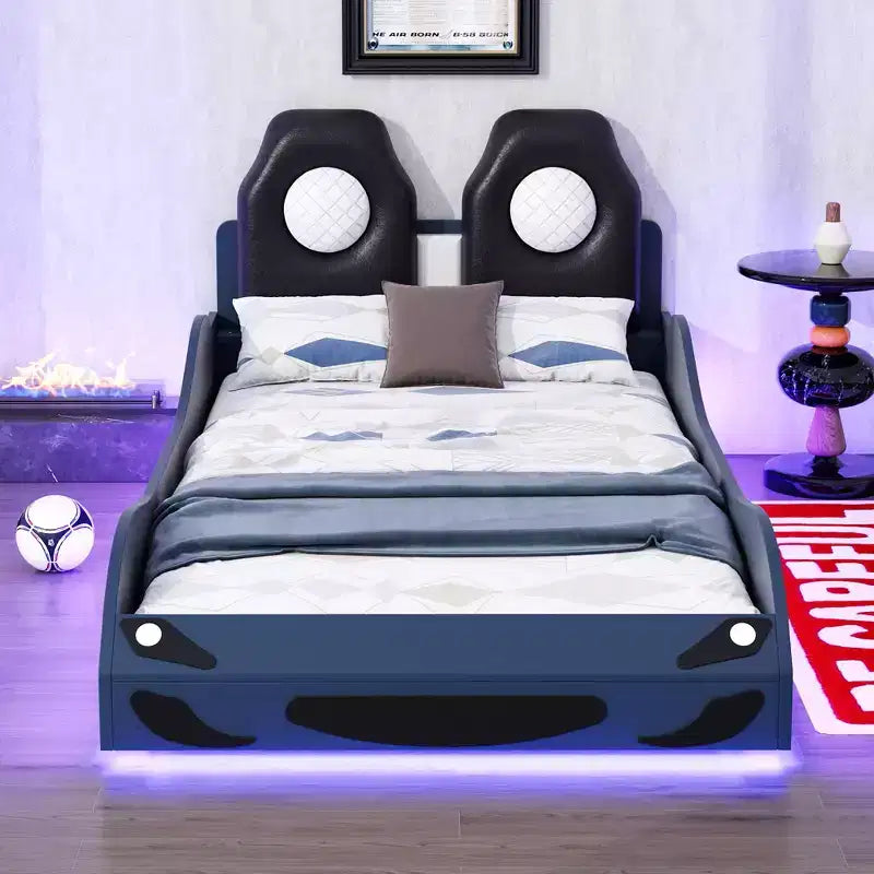 Whisen Wood Twin Size Race Car-Shaped Platform Bed with LED and Upholstered Backrest