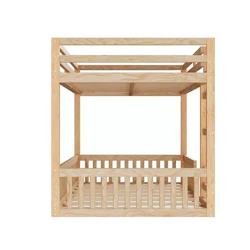 Full over Full Wooden Bunk Bed with Ladder and Guardrails, Low Floor Full Size Bunk Beds with Slats Support