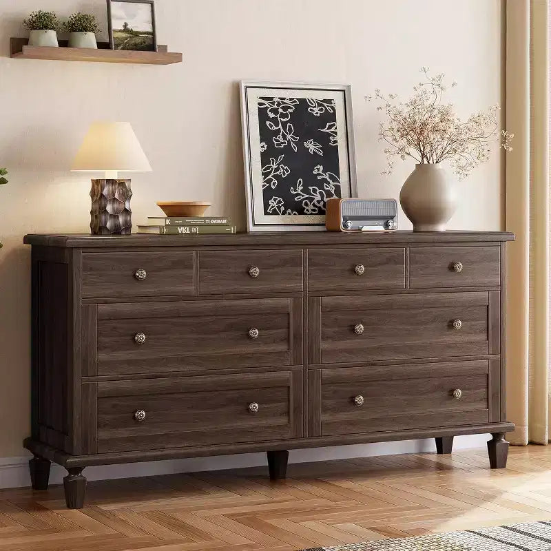 8 Drawer Dresser for Bedroom, Vintage 59 Dresser TV Stand with Carved Handles and Tapered Legs, Wood Chests of Drawers with Large Capacity Storage