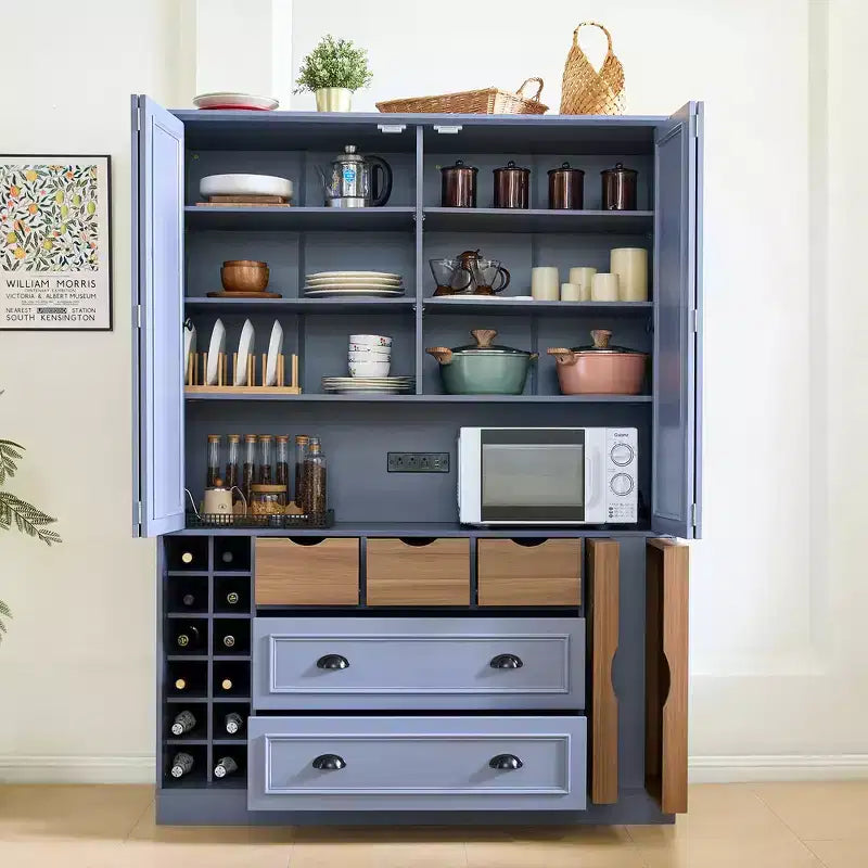 Whisen 71'' Tall Freestanding Kitchen Pantry, Large Dining Storage Cabinet Cupboard Sideboards With 4 Foldable Doors, Shelves, Wine Racks