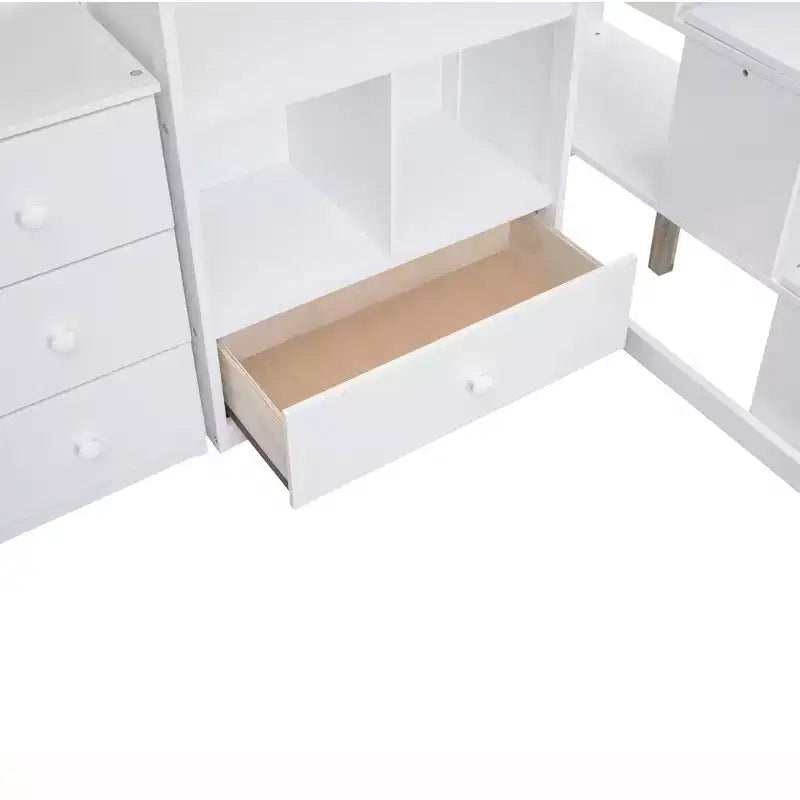 Twin Size Loft Bed with L-Shaped Desk, 3 Drawers, Cabinet, Staircase Storage, Solid Pine/MDF Build