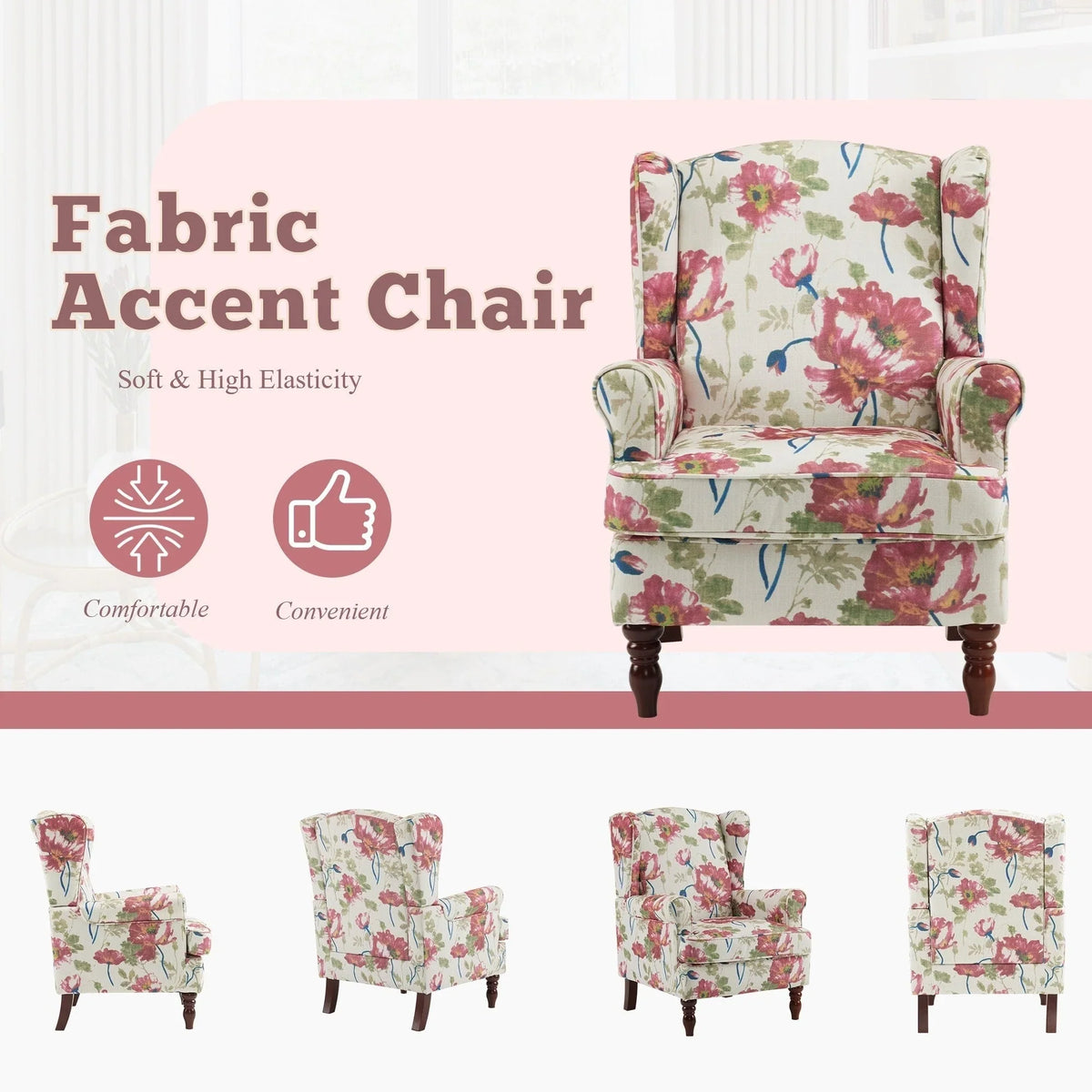 Erommy Modern Accent Chair, High Back Armchair, Upholstered Fabric Button Single Sofa with Wooden Legs for Living Room