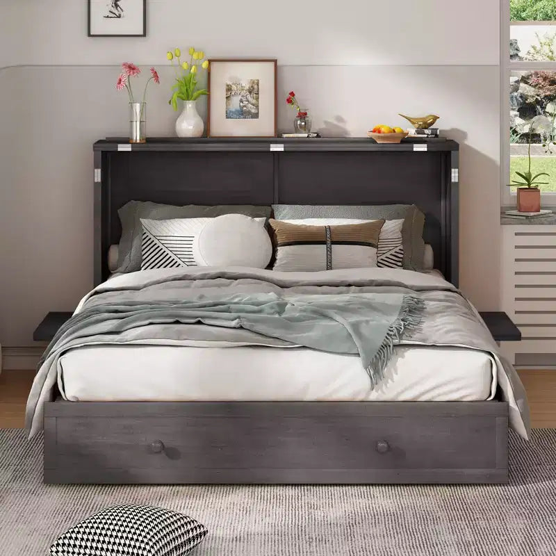 Mjkone Murphy Bed Queen,Cube Cabinet Chest Bed with Charging Station&Storage Space