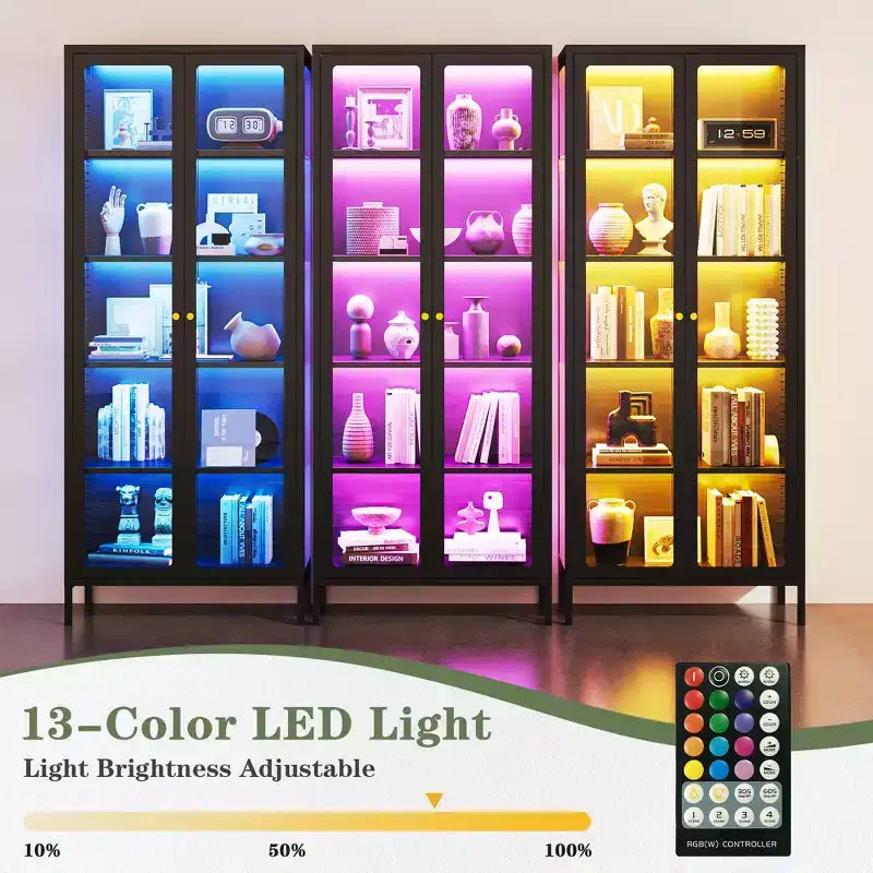 Bekrvio 67H 3-Side Glass Display Cabinet With LED Lights,5-Layer Storage with Double Doors and Metal Frame for Collectibles, Ideal for Small Spaces