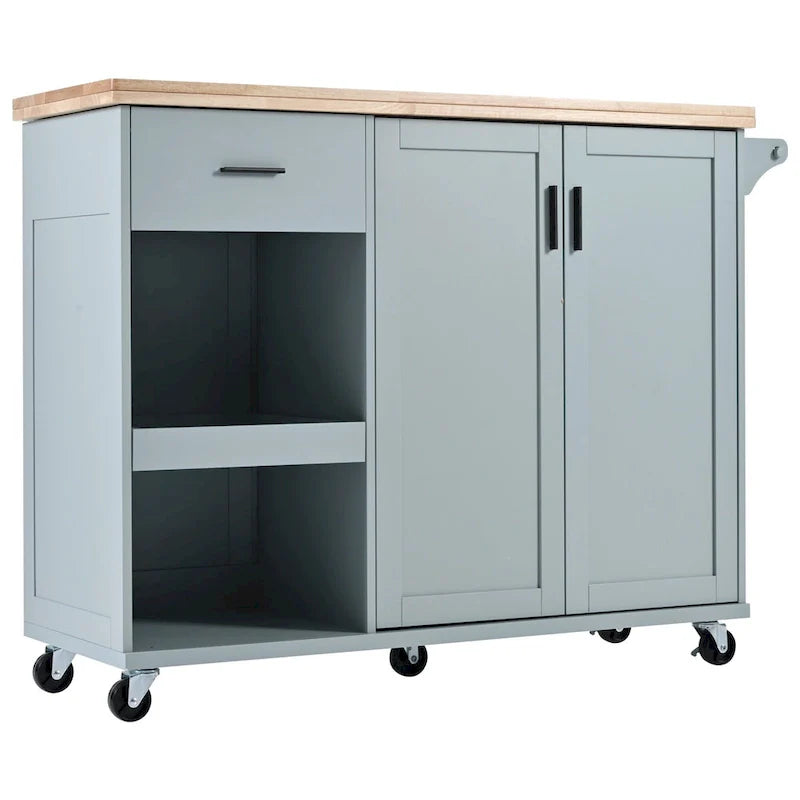 Îlot de cuisine avec plan de travail pliable, desserte de rangement de cuisine avec étagère coulissante, porte-serviettes et tiroir, roulettes.