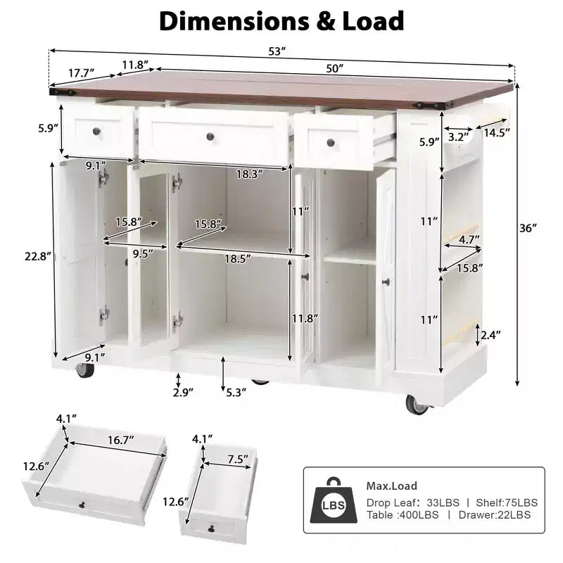 Kitchen Cart with Tempered Glass Doors, Side Racks, Power Outlet, and Drop Leaf