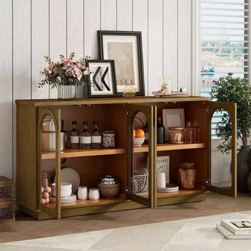 4-Door Large Storage Buffet Cabinet with Glass Doors, Arched Cabinet with Adjustable Shelves for Kitchen