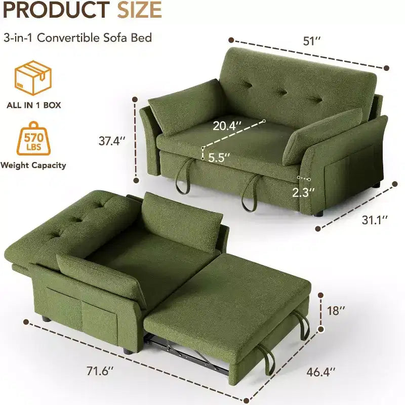 Dyonery 3-in-1 Convertible Sofa Bed, Pull Out Sleeper Sofa with Side Pocket & Adjustable Backrest, Tool-Free Assembly, Folding Loveseat